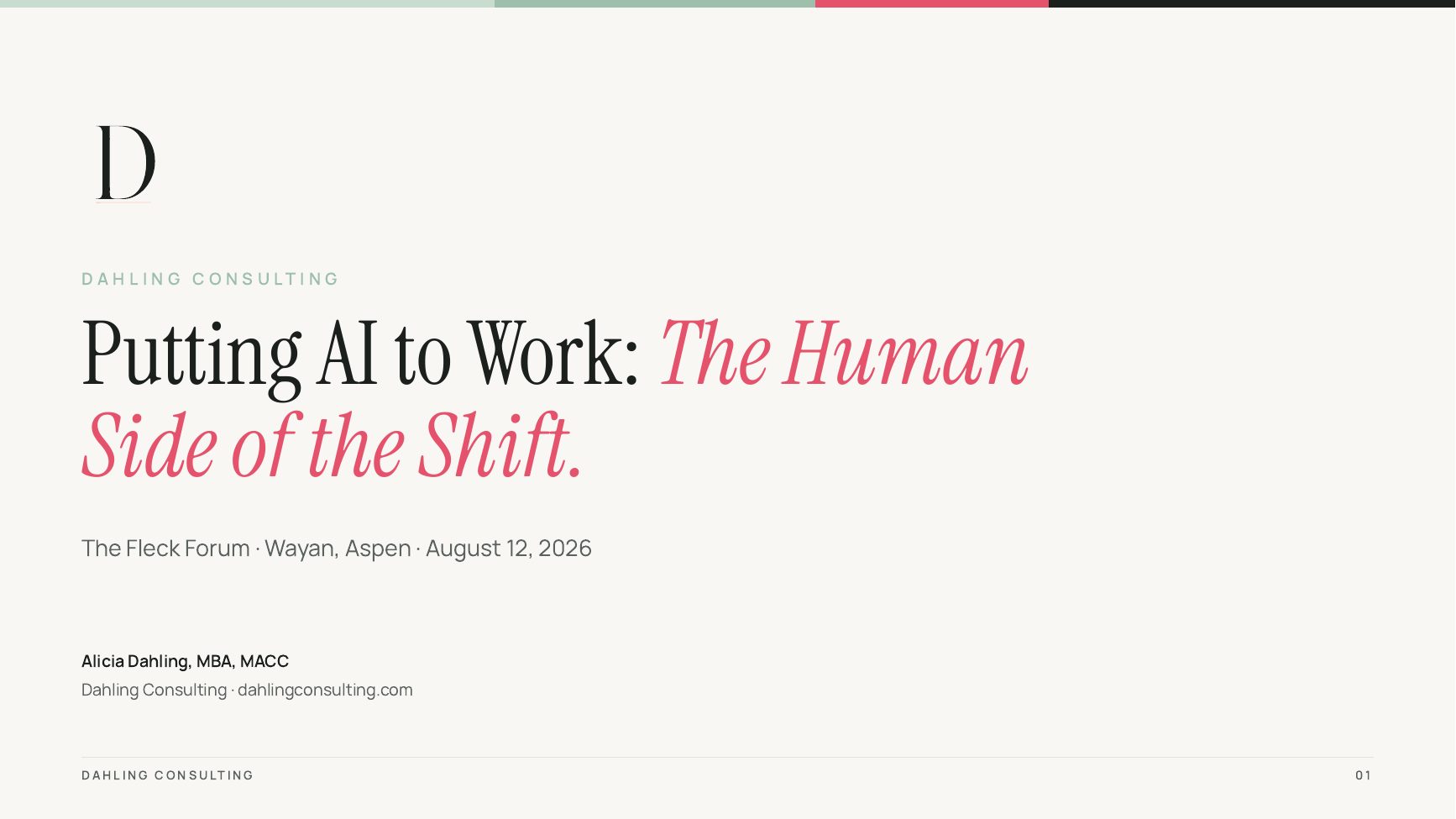 First slide of the Putting AI to Work deck, showing the title and the Dahling Consulting monogram